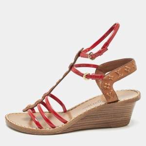 Louis Vuitton Brown/Red Monogram Embossed Leather and Patent T-Strap Wedge Sandals Size 36