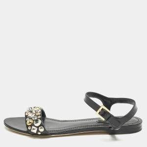Louis Vuitton Black Leather Studded Ankle Strap Flat Sandals Size 40