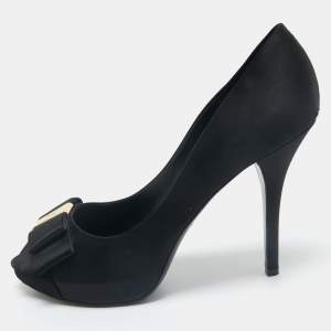 Louis Vuitton Black Satin Peep Toe Platform Pumps Size 40.5