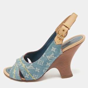 Louis Vuitton Blue Denim and Leather Slingback Sandals Size 36