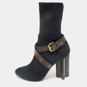 Louis Vuitton Black/Brown Knit Fabric And Monogram Canvas Ankle Boots Size 39 
