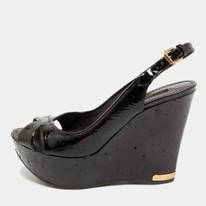 Louis Vuitton Burgundy Patent Leather Pantheon Wedge Sandals Size 37.5