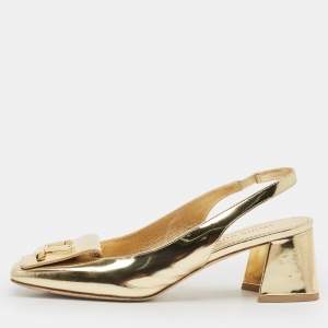 Pre Owned Louis Vuitton Gold Leather Shake Slingback Pumps Size 38