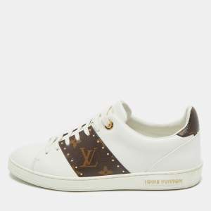 Pre Owned Louis Vuitton White/Brown Monogram Canvas and Leather Frontrow Lace Up Sneakers Size 39