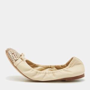 Louis Vuitton Off White Leather and Python Cap Toe Scrunch Ballet Flats Size 36.5