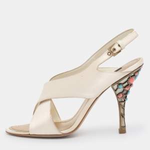 Pre Owned Louis Vuitton Cream Satin Cross Strap Embellished Heel Slingback Sandals Size 38.5