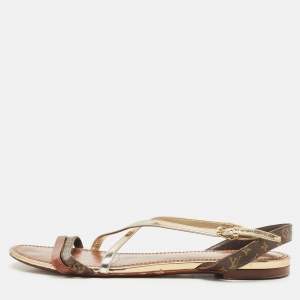 Pre Owned Louis Vuitton Brown Monogram Canvas and Leather Slingback Flat Sandals Size 40