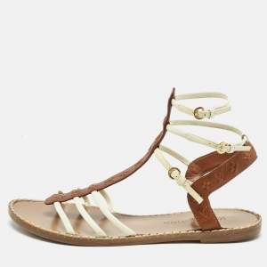Pre Owned Louis Vuitton Cream/Brown Patent And Monogram Leather Key West Flat Sandals Size 39.5
