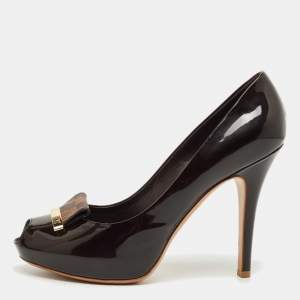 Pre Owned  Louis Vuitton Burgundy Patent Leather Damier Bow Peep Toe Pumps  Size 40