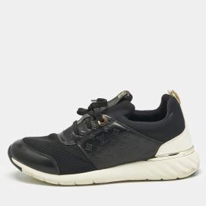 Pre Owned Louis Vuitton Black Knit Fabric and Monogram Leather Aftergame Lace Up Sneakers Size 39
