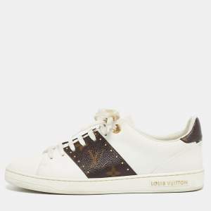 Pre Owned Louis Vuitton White/Brown Monogram Canvas and Leather Frontrow Low-Top Sneakers Size 38