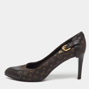 Pre Owned Louis Vuitton Brown Monogram Mini Lin Canvas and Leather Barbara Cap Toe Pumps Size 38.5