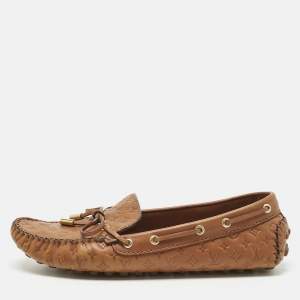Pre Owned Louis Vuitton Brown Monogram Empreinte  Leather Gloria Loafers Size 38.5