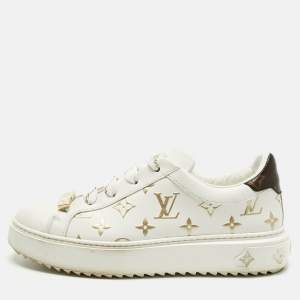 Pre Owned Louis Vuitton White/Brown Monogram Canvas and Leather Time Out Sneakers Size 38