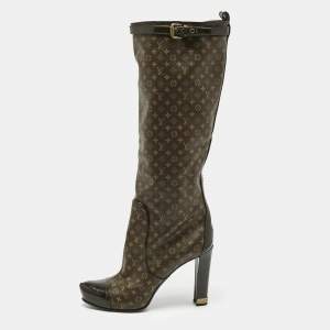 Pre Owned Louis Vuitton Brown Monogram Canvas and Patent Idole Knee Length Boots Size 37.5