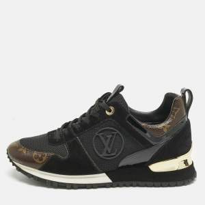 Pre Owned Louis Vuitton Black/Brown Monogram Coated Canvas and Mesh Run Away Low Top Sneakers Size 38