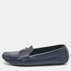Pre Owned Louis Vuitton Navy Blue Leather LV Mare Loafers Size 38.5