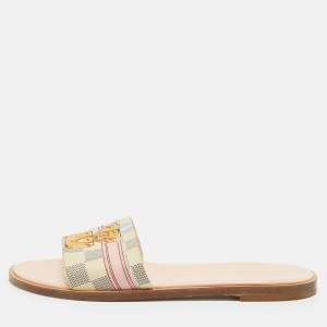 Pre Owned Louis Vuitton Monogram Coated Canvas Lock It Flat Slides Size 37