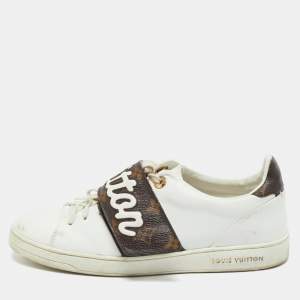 Pre Owned Louis Vuitton White/Brown Monogram Canvas and Leather Frontrow Lace Up Sneakers Size 38.5