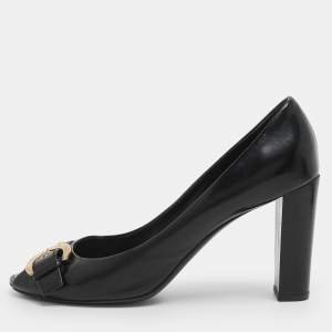 Pre Owned Louis Vuitton Black Patent Leather Buckle Peep Toe Pumps Size 38