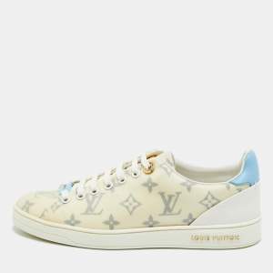Pre Owned Louis Vuitton White/Blue Leather and Mesh Luxembourg Lace Up Sneakers Size 37