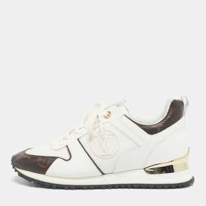 Pre Owned Louis Vuitton White/Brown Monogram Canvas And Leather Runaway Lace Up Sneakers Size 38.5