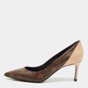 Pre Owned Louis Vuitton Brown/Beige Monogram Coated Canvas and Patent Leather Chérie Pumps Size 37
