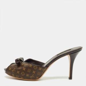 Pre Owned Louis Vuitton Brown Monogram Canvas And Patent Leather Malibu Slides Sandals Size 38