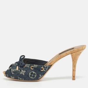 Pre Owned Louis Vuitton Blue Denim Malibu Slide Sandals Size 38.5