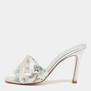 Pre Owned Louis Vuitton Silver Monogram Embellish Leather Revival Slide Sandals Size 39