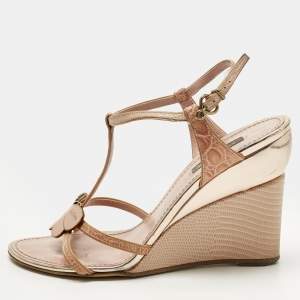Pre Owned Louis Vuitton Pink Crocodile Leather and Lizard Leather Butterfly Wedge Sandals Size 38.5