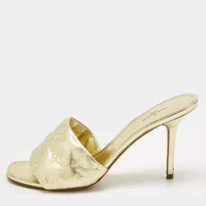 Pre Owned Louis Vuitton Gold Monogram Leather Revival Slide Sandals Size 39