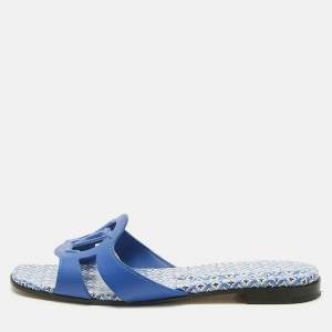 Pre Owned Louis Vuitton Blue Leather LV Isola Flat Slides Size 39