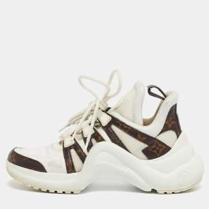 Pre Owned Louis Vuitton White/Brown Monogram Canvas and Mesh Archlight Lace Up Sneakers Size 37.5
