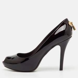 Pre Owned Louis Vuitton Dark Brown Patent Leather Oh Really! Peep Toe Platform Pumps Size 37.5