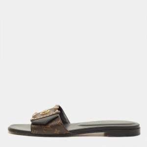 Pre Owned Louis Vuitton Brown Monogram Canvas and Leather LV Frame Flat Slide Size 37