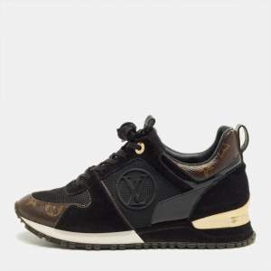 Pre Owned Louis Vuitton Black/Brown Monogram Canvas and Mesh Run Away Lace Up Sneakers Size 36.5