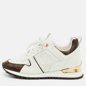 Pre Owned Louis Vuitton White Leather, Mesh and Monogram Canvas Run Away Sneakers Size 37.5