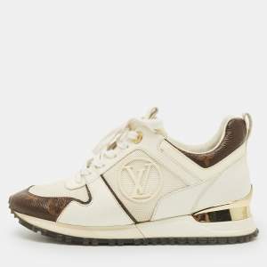 Pre Owned Louis Vuitton White/Brown Monogram Canvas and Leather Run Away Low Top Sneakers Size 35