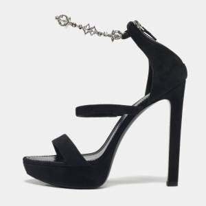 Pre Owned Louis Vuitton Black Suede Ankle Strap Platform Sandals Size 38