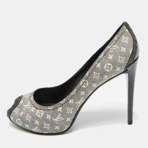 Pre Owned Louis Vuitton Blue Mini Lin Monogram Canvas and Patent Leather Peep Toe Pumps Size 39.5