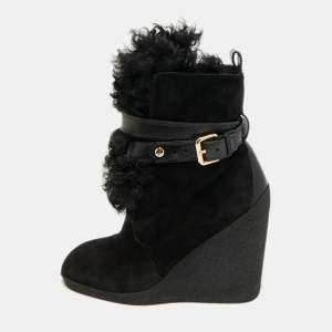Pre Owned Louis Vuitton Black Fur and Suede Teddy Wedge Ankle Boots Size 37