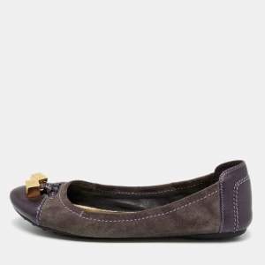 Pre Owned Louis Vuitton Grey/Purple Suede and Metallic Leather Scrunch Ballet Flats Size 39