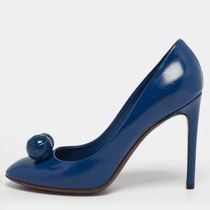 مملوكة مسبقًا حذاء كعب عالي لوي فيتون بيتي جلد أزرق مزخرف مقاس 39