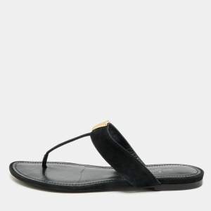 Pre Owned Louis Vuitton Size 38 Black Suede Thong Flat Sandals