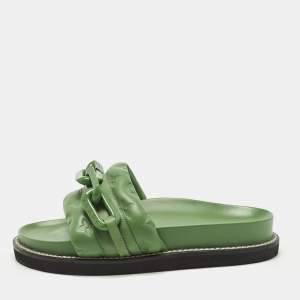 Pre Owned Louis Vuitton Sunset Size 37 Green Leather Flat Sandals