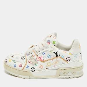 Pre Owned Louis Vuitton LV Trainer Size 37.5 Multicolor Monogram Leather Lace Up Sneakers