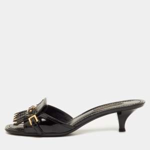 Pre Owned Louis Vuitton Size 38 Black Patent Leather Studded Fringe Buckle Detail Slide Sandals