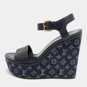 Pre Owned Louis Vuitton Waterfall Size 39.5 Navy Blue Leather and Monogram Denim Wedge Sandals