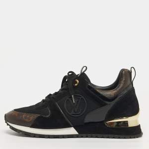 Pre Owned Louis Vuitton Run Away Size 38 Black/Brown Monogram Canvas and Mesh Lace Up Sneakers